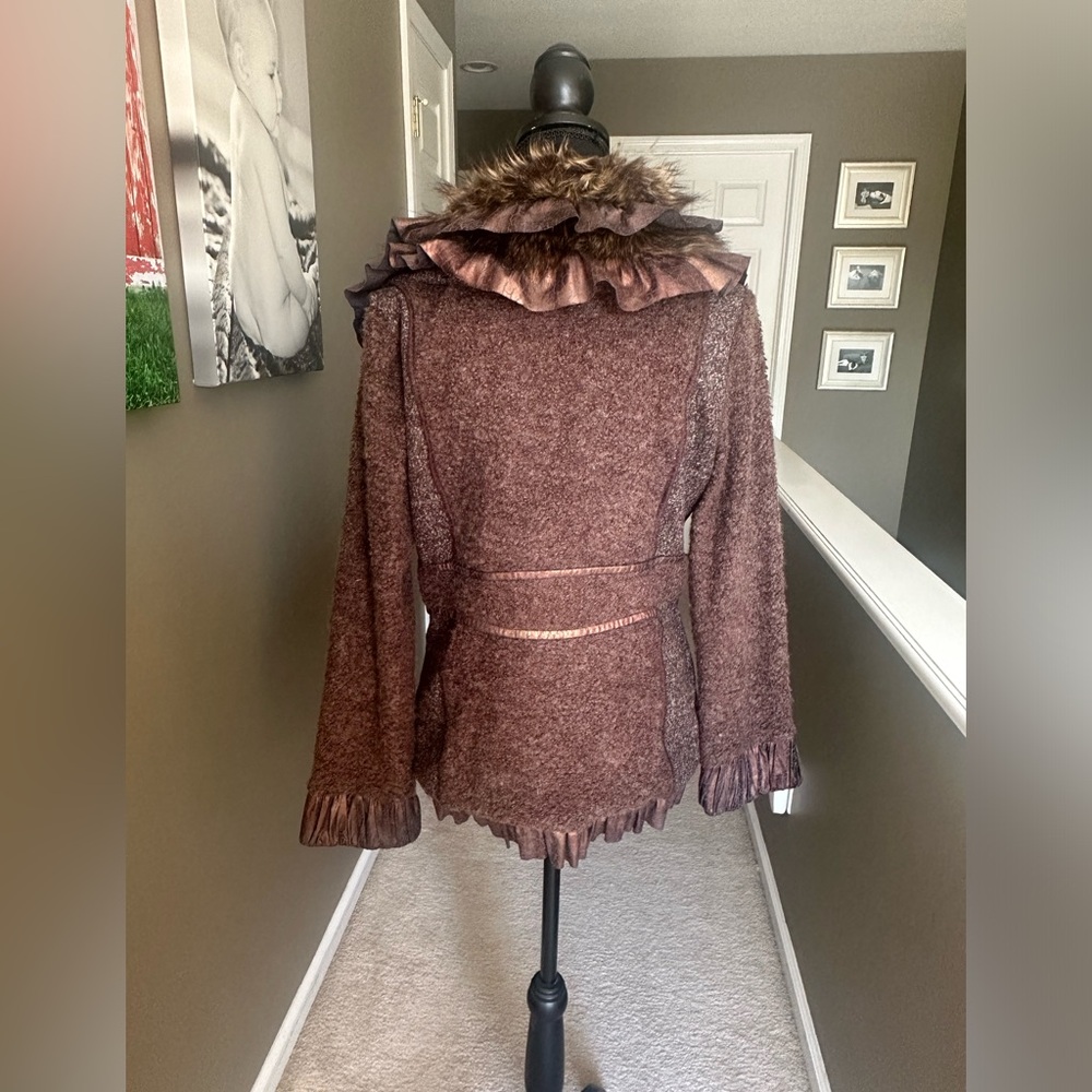Fun and funky brown jacket with faux fur and ruffles. - Picture 3 of 5
